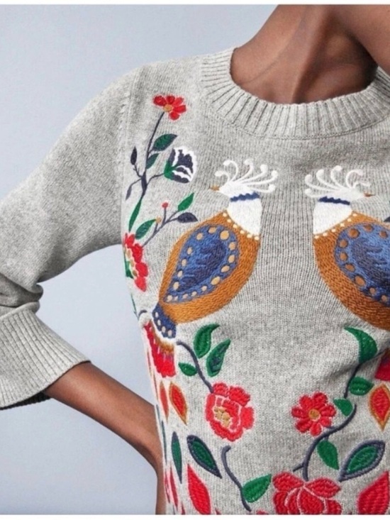 LOFT Sweaters - Loft Embroidered Floral Bird Peacock Art deco Sweater Wool Blend Bell Sleeves